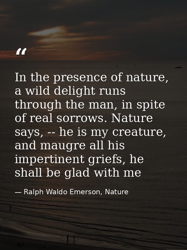In the presence of nature, a wild delight runs through the man, in spite of real sorrows. Nature says, -- he is my creat — Ralph Waldo Emerson, Nature
