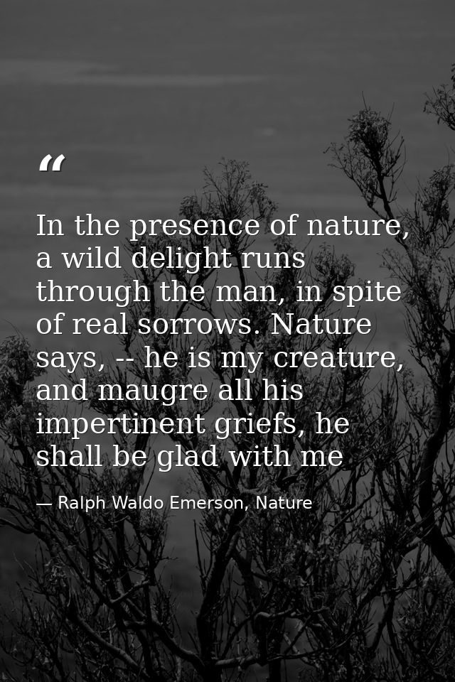 In the presence of nature, a wild delight runs through the man, in spite of real sorrows. Nature says, -- he is my creat — Ralph Waldo Emerson, Nature