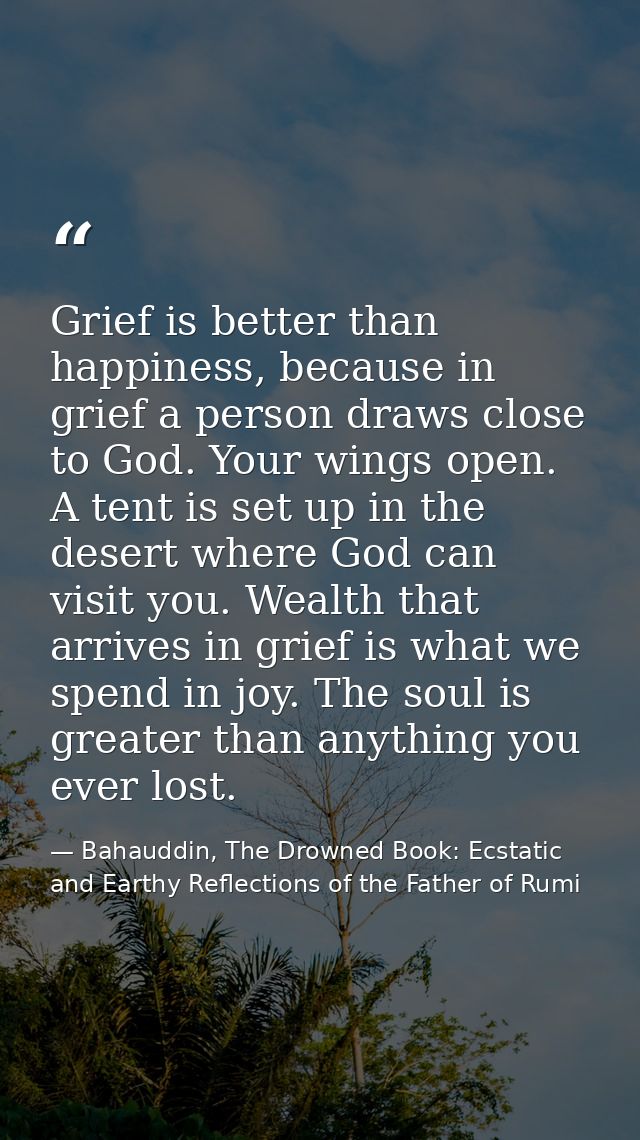 Grief is better than happiness, because in grief a person draws close to God. Your wings open. A tent is set up in the d — Bahauddin, The Drowned Book: Ecstatic and Earthy Reflections of the Father of Rumi