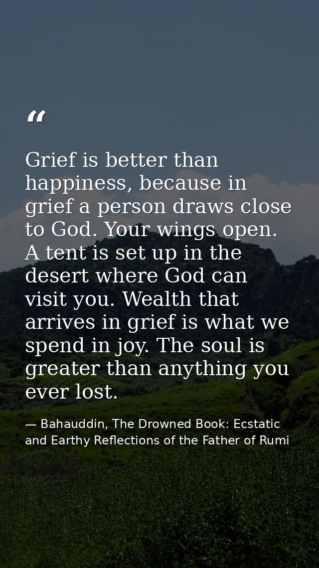 Grief is better than happiness, because in grief a person draws close to God. Your wings open. A tent is set up in the d — Bahauddin, The Drowned Book: Ecstatic and Earthy Reflections of the Father of Rumi