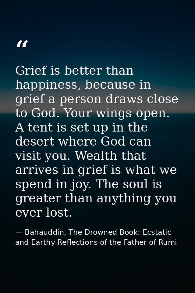 Grief is better than happiness, because in grief a person draws close to God. Your wings open. A tent is set up in the d — Bahauddin, The Drowned Book: Ecstatic and Earthy Reflections of the Father of Rumi
