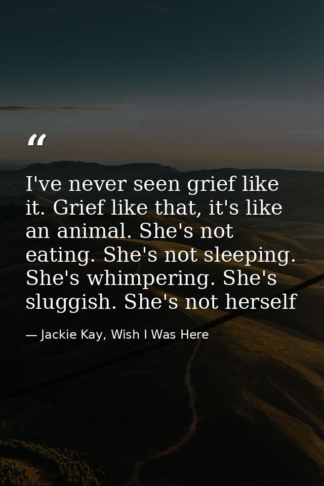 I've never seen grief like it. Grief like that, it's like an animal. She's not eating. She's not sleeping. She's whimper — Jackie Kay, Wish I Was Here
