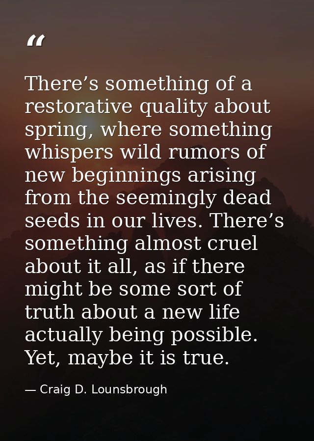 There’s something of a restorative quality about spring, where something whispers wild rumors of new beginnings arising  — Craig D. Lounsbrough