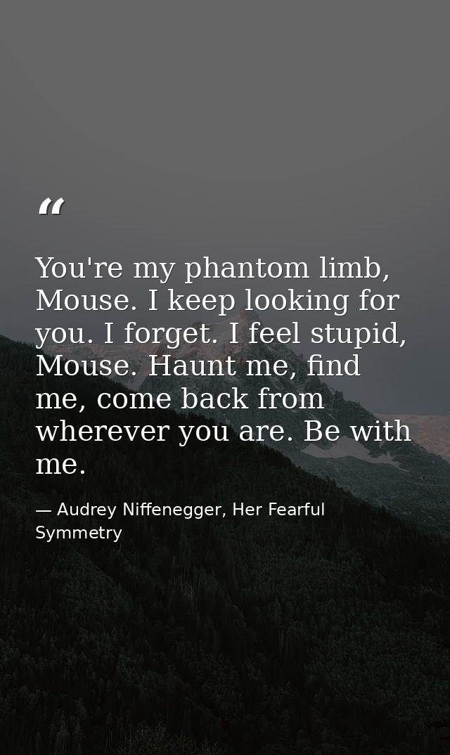 You're my phantom limb, Mouse. I keep looking for you. I forget. I feel stupid, Mouse. Haunt me, find me, come back from — Audrey Niffenegger, Her Fearful Symmetry