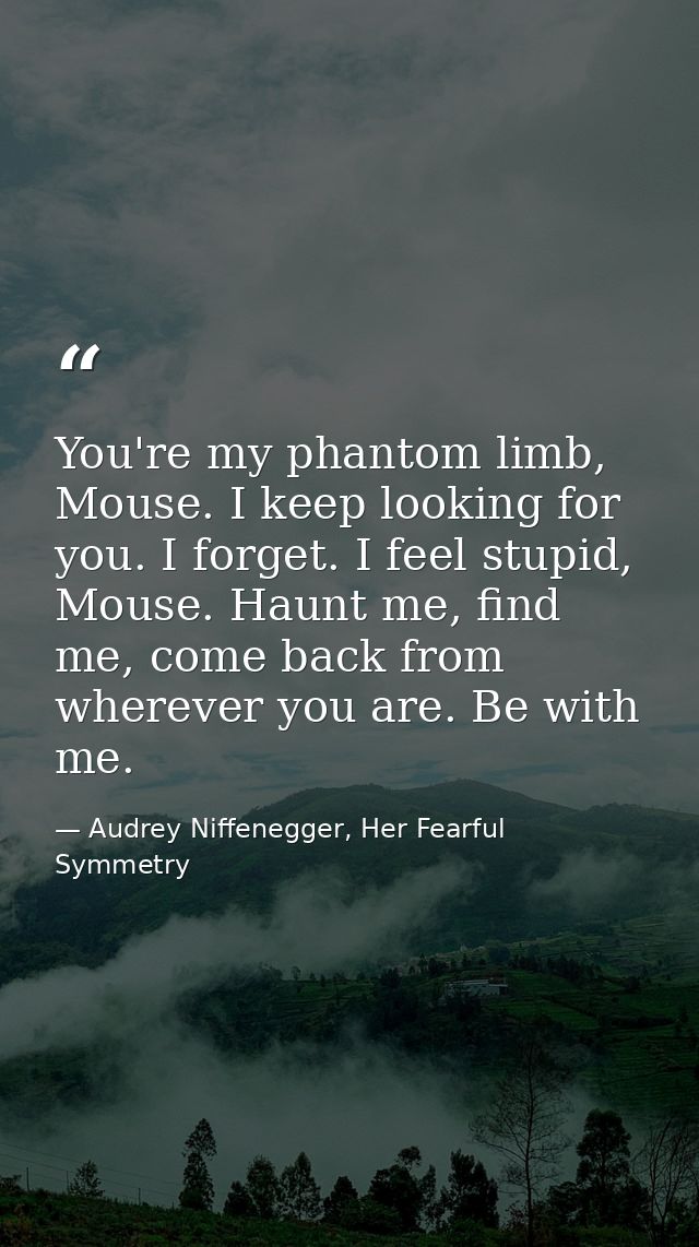 You're my phantom limb, Mouse. I keep looking for you. I forget. I feel stupid, Mouse. Haunt me, find me, come back from — Audrey Niffenegger, Her Fearful Symmetry
