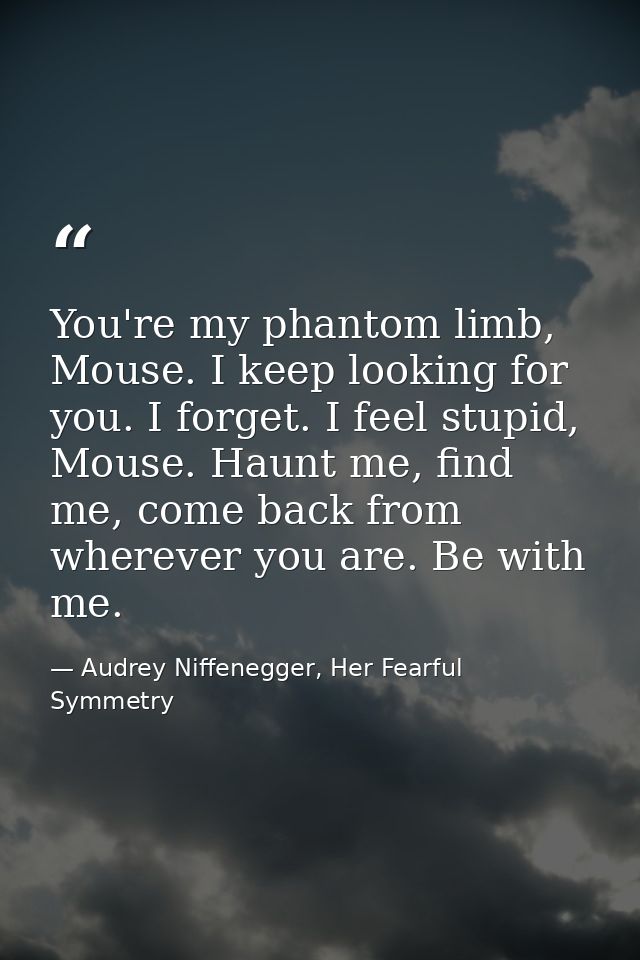 You're my phantom limb, Mouse. I keep looking for you. I forget. I feel stupid, Mouse. Haunt me, find me, come back from — Audrey Niffenegger, Her Fearful Symmetry