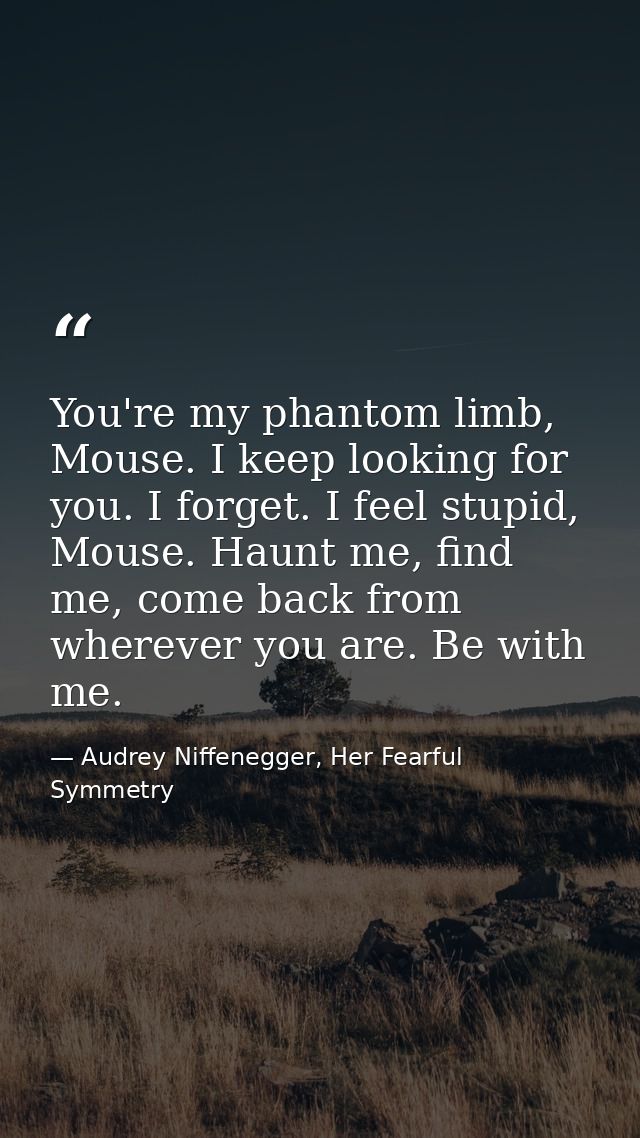 You're my phantom limb, Mouse. I keep looking for you. I forget. I feel stupid, Mouse. Haunt me, find me, come back from — Audrey Niffenegger, Her Fearful Symmetry