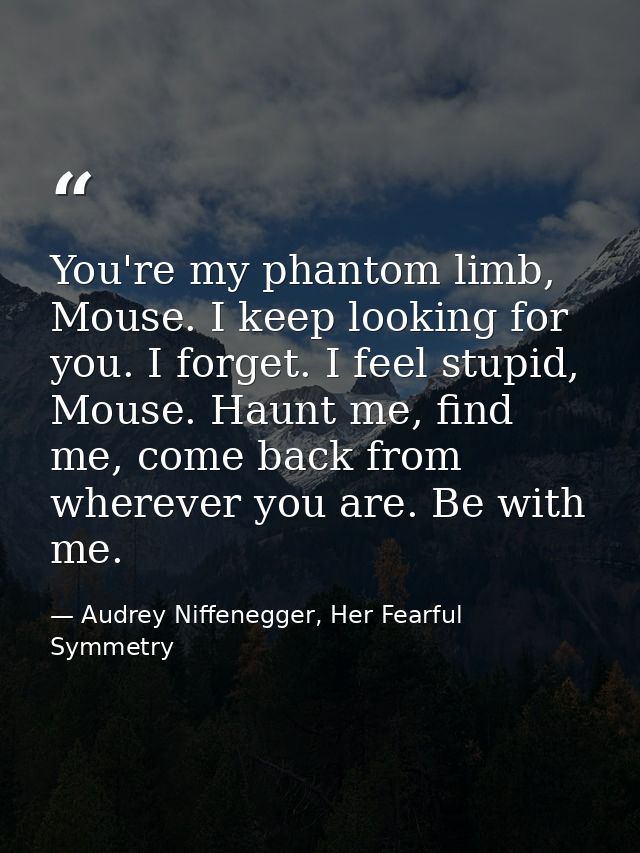 You're my phantom limb, Mouse. I keep looking for you. I forget. I feel stupid, Mouse. Haunt me, find me, come back from — Audrey Niffenegger, Her Fearful Symmetry