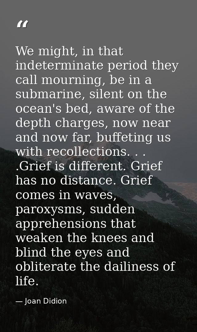 We might, in that indeterminate period they call mourning, be in a submarine, silent on the ocean's bed, aware of the de — Joan Didion