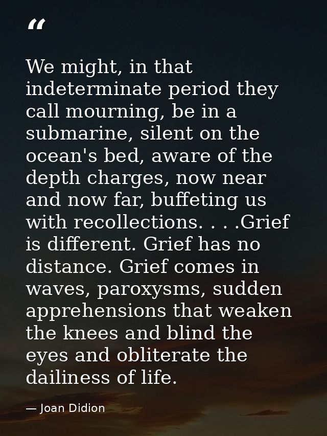 We might, in that indeterminate period they call mourning, be in a submarine, silent on the ocean's bed, aware of the de — Joan Didion