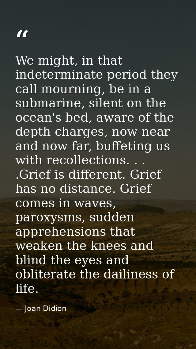 We might, in that indeterminate period they call mourning, be in a submarine, silent on the ocean's bed, aware of the de — Joan Didion