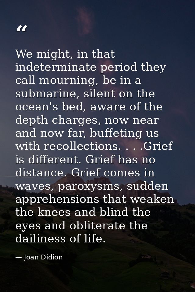We might, in that indeterminate period they call mourning, be in a submarine, silent on the ocean's bed, aware of the de — Joan Didion