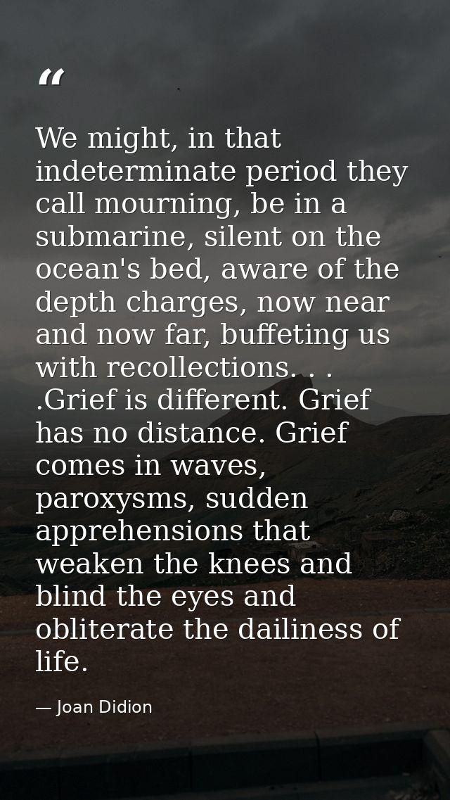 We might, in that indeterminate period they call mourning, be in a submarine, silent on the ocean's bed, aware of the de — Joan Didion