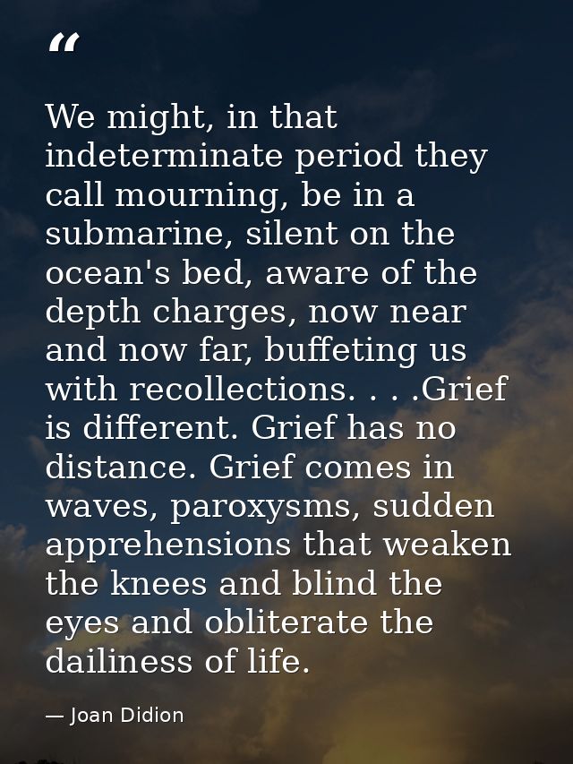 We might, in that indeterminate period they call mourning, be in a submarine, silent on the ocean's bed, aware of the de — Joan Didion