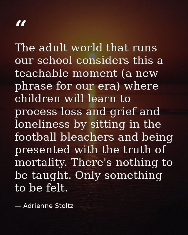 The adult world that runs our school considers this a teachable moment (a new phrase for our era) where children will le — Adrienne Stoltz