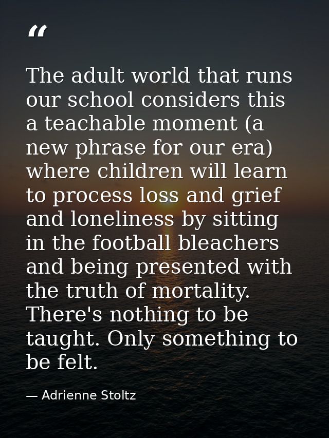 The adult world that runs our school considers this a teachable moment (a new phrase for our era) where children will le — Adrienne Stoltz