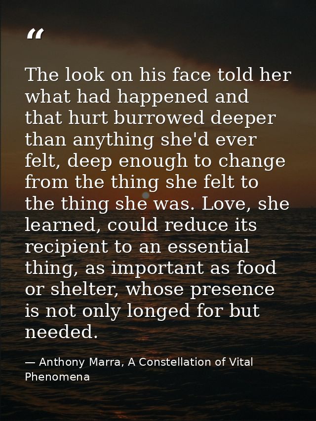 The look on his face told her what had happened and that hurt burrowed deeper than anything she'd ever felt, deep enough — Anthony Marra, A Constellation of Vital Phenomena