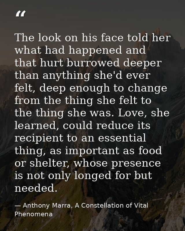 The look on his face told her what had happened and that hurt burrowed deeper than anything she'd ever felt, deep enough — Anthony Marra, A Constellation of Vital Phenomena
