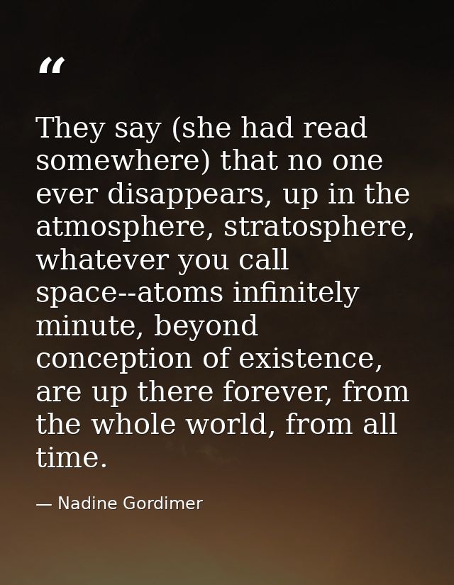 They say (she had read somewhere) that no one ever disappears, up in the atmosphere, stratosphere, whatever you call spa — Nadine Gordimer