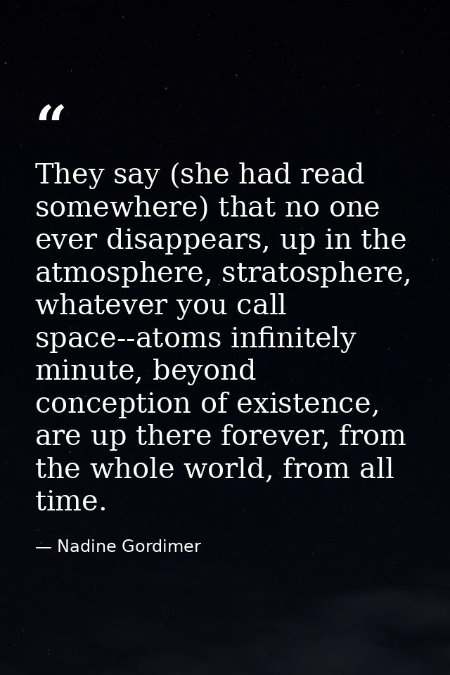 They say (she had read somewhere) that no one ever disappears, up in the atmosphere, stratosphere, whatever you call spa — Nadine Gordimer