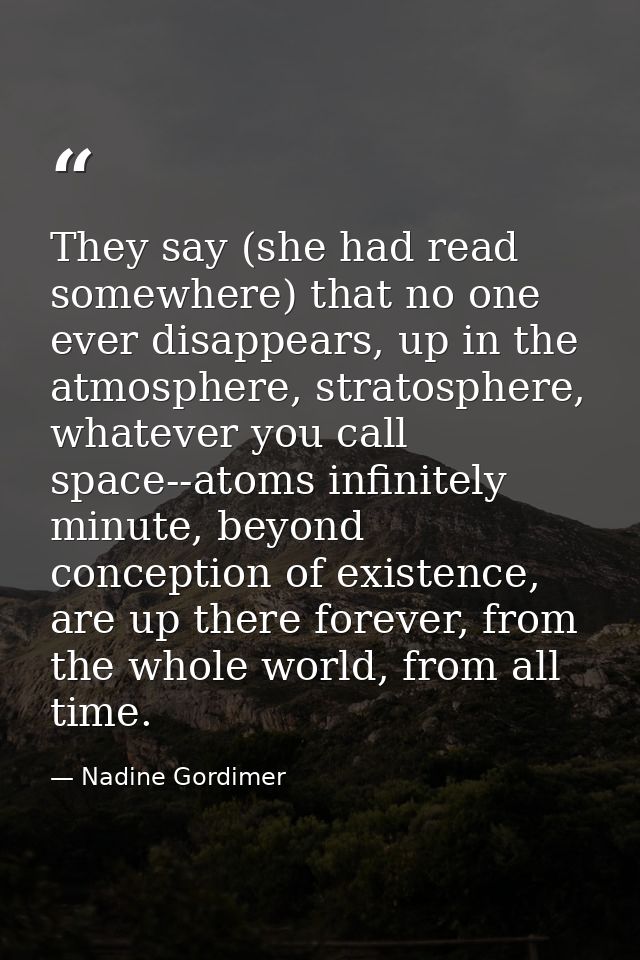 They say (she had read somewhere) that no one ever disappears, up in the atmosphere, stratosphere, whatever you call spa — Nadine Gordimer