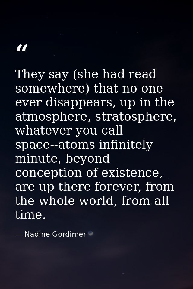 They say (she had read somewhere) that no one ever disappears, up in the atmosphere, stratosphere, whatever you call spa — Nadine Gordimer