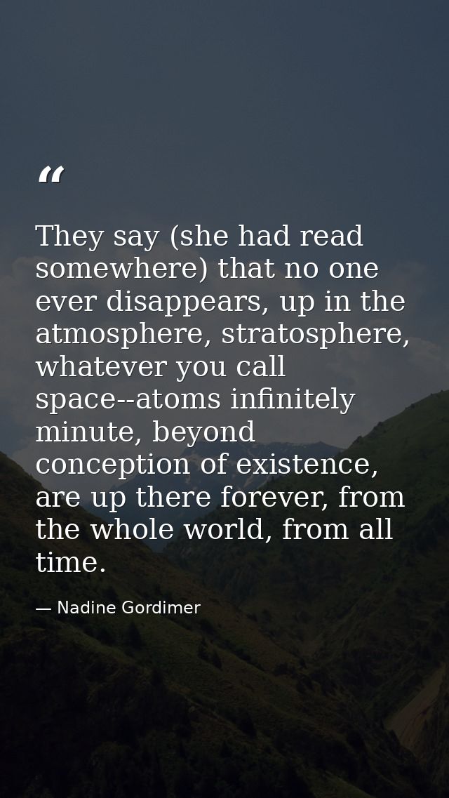 They say (she had read somewhere) that no one ever disappears, up in the atmosphere, stratosphere, whatever you call spa — Nadine Gordimer