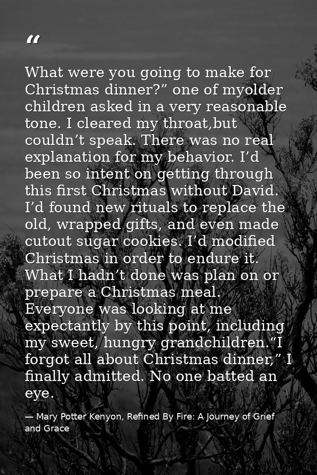 What were you going to make for Christmas dinner?” one of myolder children asked in a very reasonable tone. I cleared my — Mary Potter Kenyon, Refined By Fire: A Journey of Grief and Grace