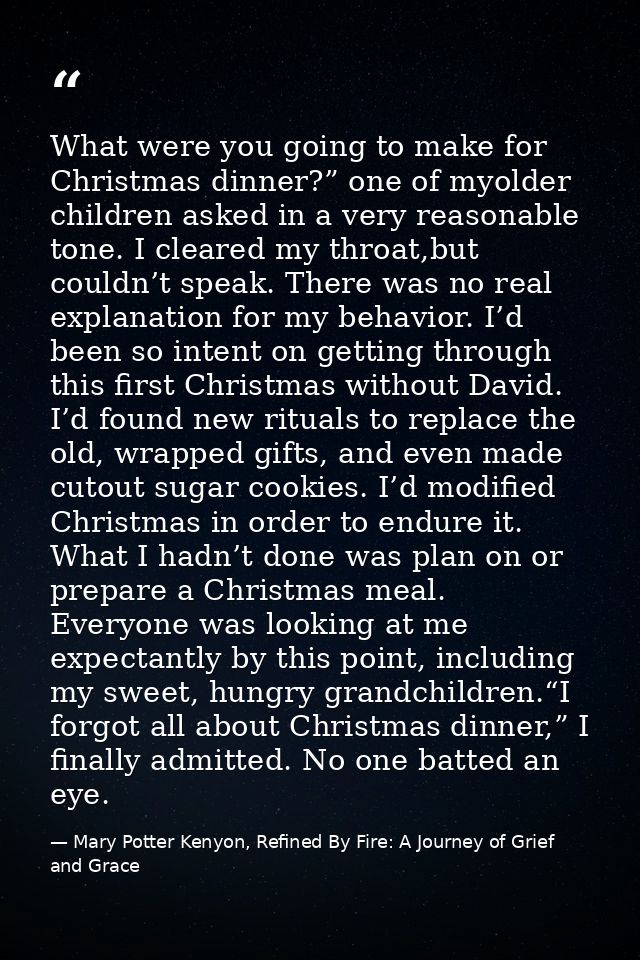 What were you going to make for Christmas dinner?” one of myolder children asked in a very reasonable tone. I cleared my — Mary Potter Kenyon, Refined By Fire: A Journey of Grief and Grace