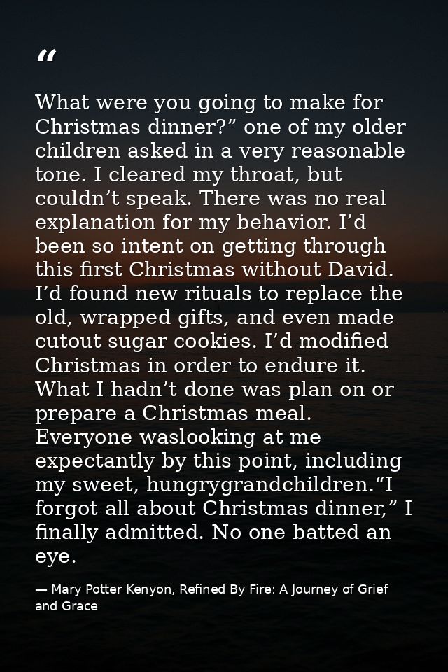 What were you going to make for Christmas dinner?” one of my older children asked in a very reasonable tone. I cleared m — Mary Potter Kenyon, Refined By Fire: A Journey of Grief and Grace