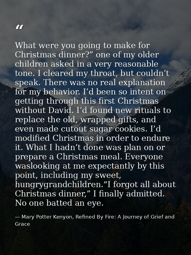 What were you going to make for Christmas dinner?” one of my older children asked in a very reasonable tone. I cleared m — Mary Potter Kenyon, Refined By Fire: A Journey of Grief and Grace