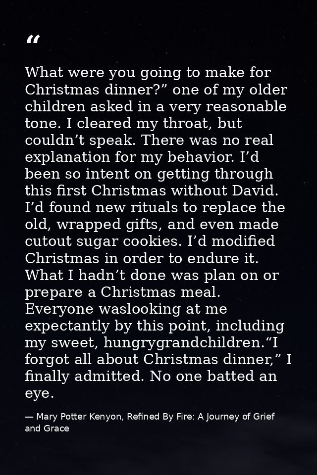 What were you going to make for Christmas dinner?” one of my older children asked in a very reasonable tone. I cleared m — Mary Potter Kenyon, Refined By Fire: A Journey of Grief and Grace