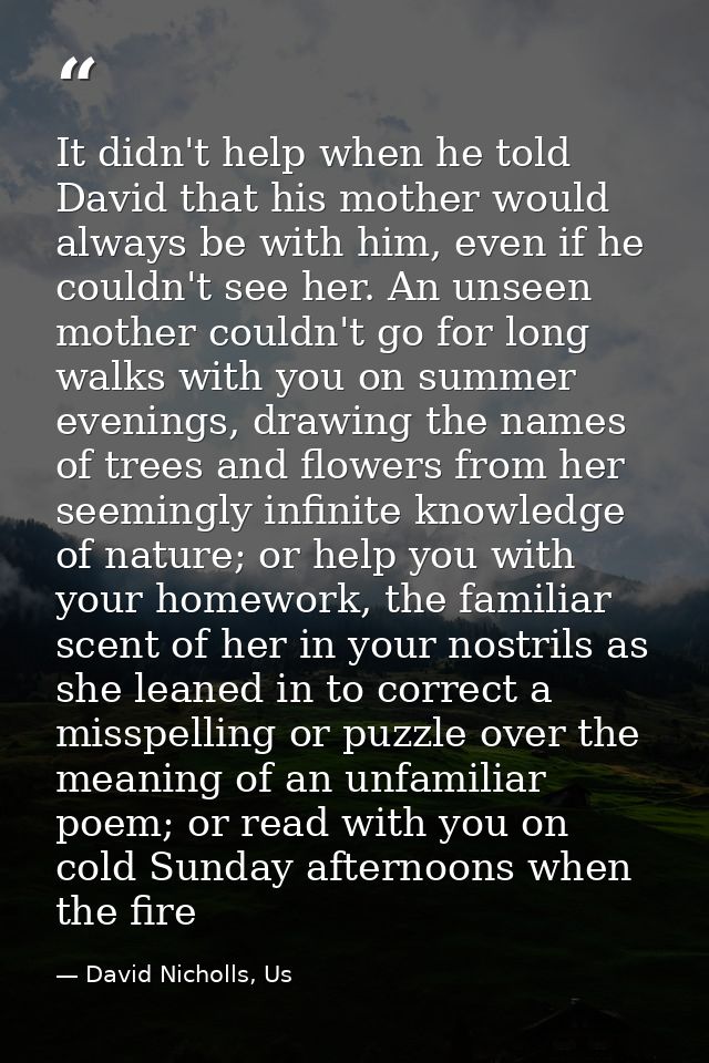 It didn't help when he told David that his mother would always be with him, even if he couldn't see her. An unseen mothe — David Nicholls, Us