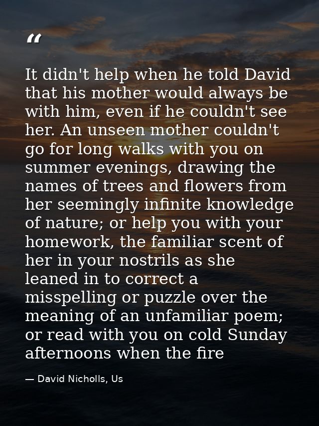 It didn't help when he told David that his mother would always be with him, even if he couldn't see her. An unseen mothe — David Nicholls, Us