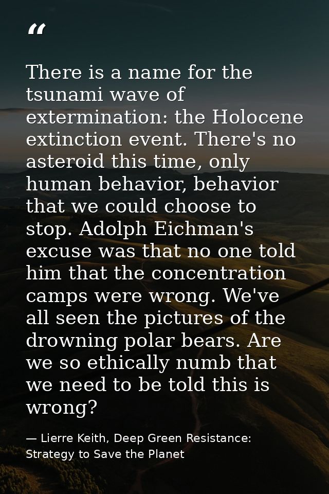 There is a name for the tsunami wave of extermination: the Holocene extinction event. There's no asteroid this time, onl — Lierre Keith, Deep Green Resistance: Strategy to Save the Planet
