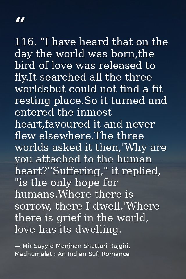 116. "I have heard that on the day the world was born,the bird of love was released to fly.It searched all the three wor — Mir Sayyid Manjhan Shattari Rajgiri, Madhumalati: An Indian Sufi Romance