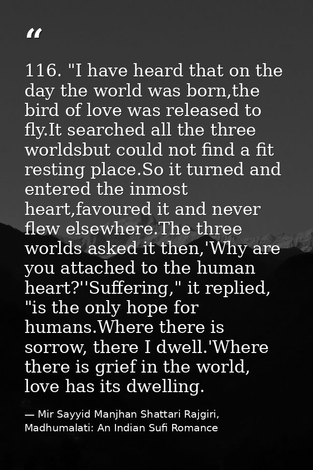 116. "I have heard that on the day the world was born,the bird of love was released to fly.It searched all the three wor — Mir Sayyid Manjhan Shattari Rajgiri, Madhumalati: An Indian Sufi Romance