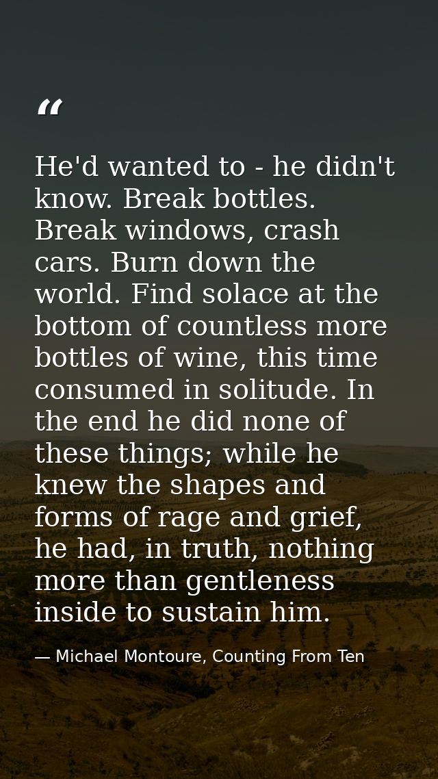 He'd wanted to - he didn't know. Break bottles. Break windows, crash cars. Burn down the world. Find solace at the botto — Michael Montoure, Counting From Ten