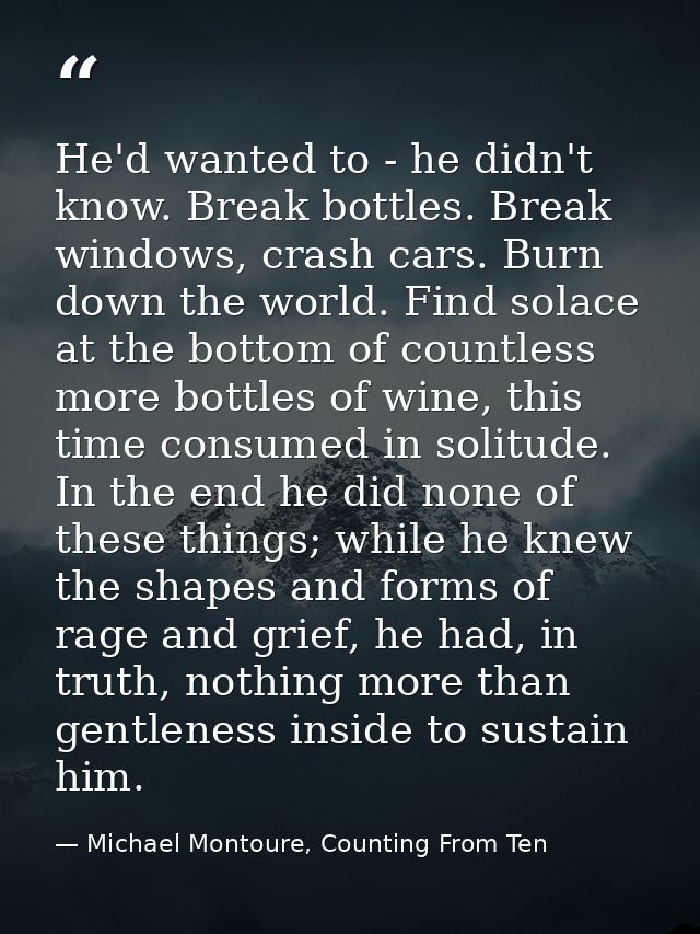 He'd wanted to - he didn't know. Break bottles. Break windows, crash cars. Burn down the world. Find solace at the botto — Michael Montoure, Counting From Ten