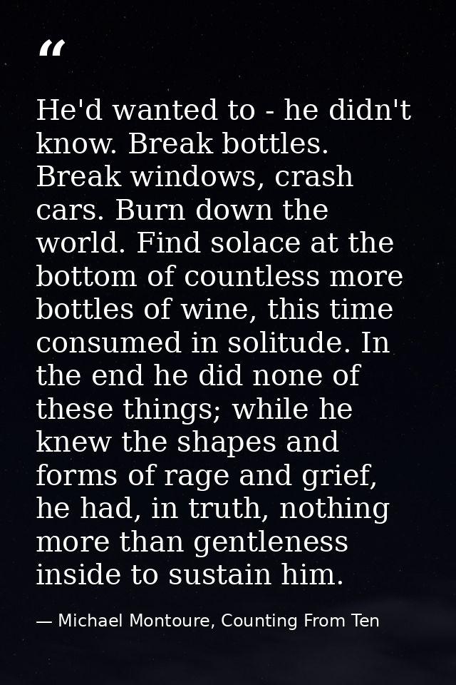 He'd wanted to - he didn't know. Break bottles. Break windows, crash cars. Burn down the world. Find solace at the botto — Michael Montoure, Counting From Ten