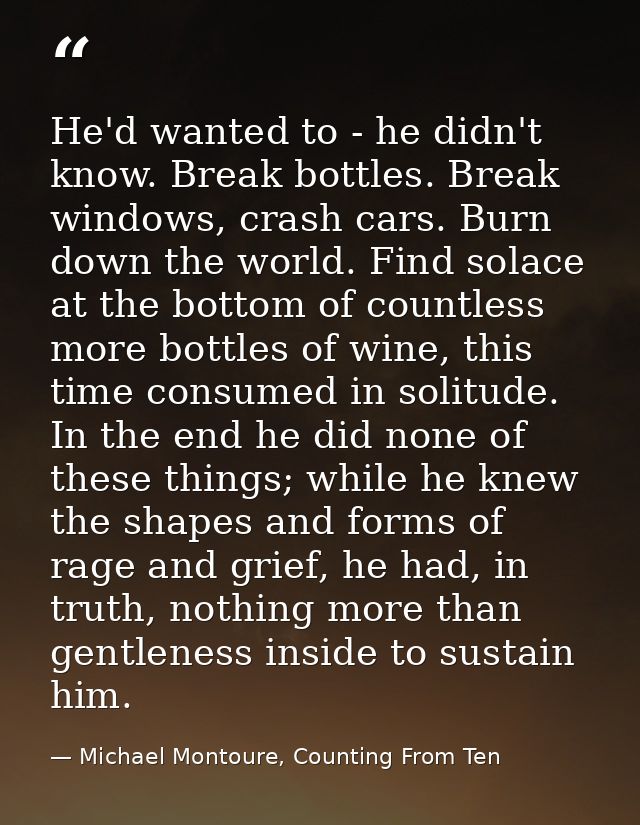 He'd wanted to - he didn't know. Break bottles. Break windows, crash cars. Burn down the world. Find solace at the botto — Michael Montoure, Counting From Ten