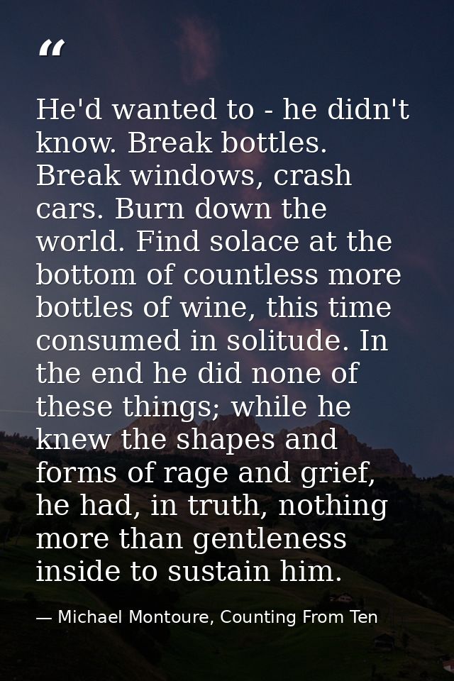 He'd wanted to - he didn't know. Break bottles. Break windows, crash cars. Burn down the world. Find solace at the botto — Michael Montoure, Counting From Ten