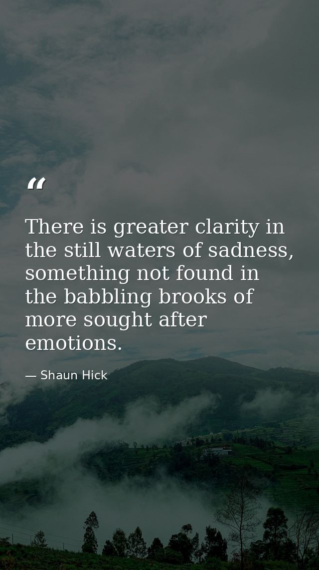 There is greater clarity in the still waters of sadness, something not found in the babbling brooks of more sought after — Shaun Hick