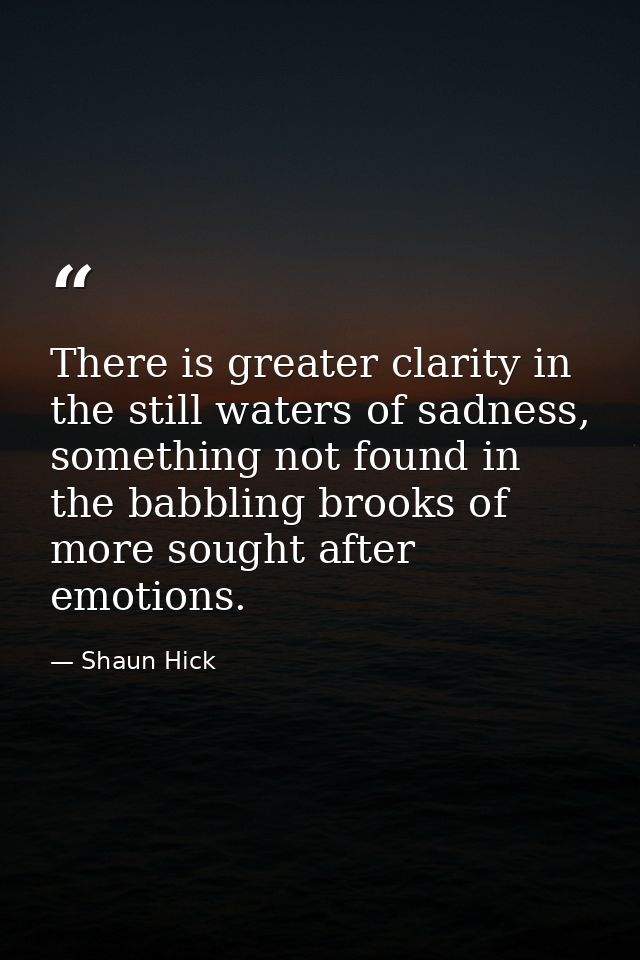 There is greater clarity in the still waters of sadness, something not found in the babbling brooks of more sought after — Shaun Hick