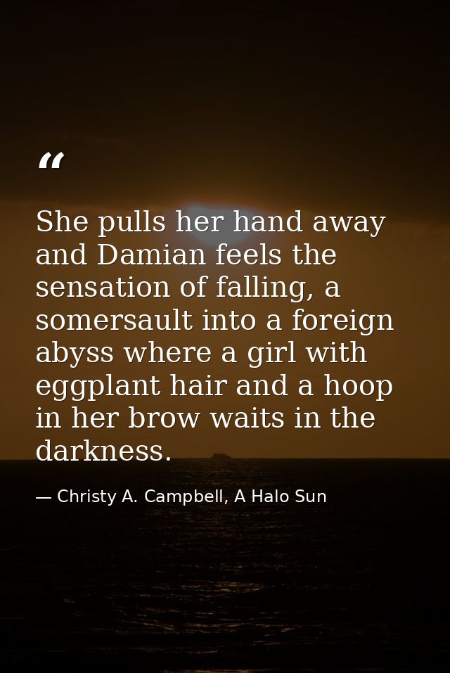 She pulls her hand away and Damian feels the sensation of falling, a somersault into a foreign abyss where a girl with e — Christy A. Campbell, A Halo Sun