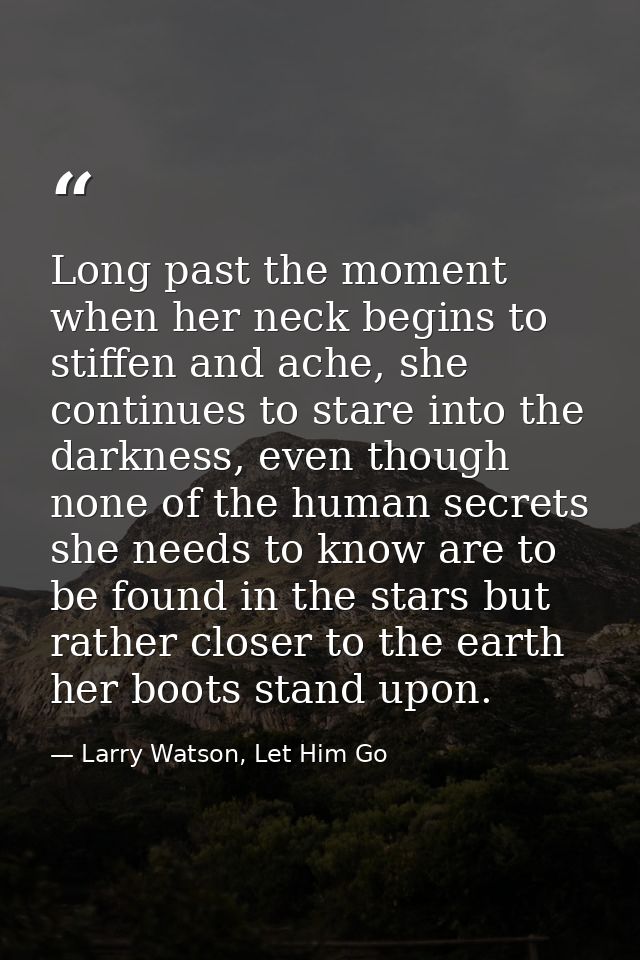 Long past the moment when her neck begins to stiffen and ache, she continues to stare into the darkness, even though non — Larry Watson, Let Him Go