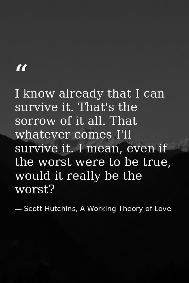I know already that I can survive it. That's the sorrow of it all. That whatever comes I'll survive it. I mean, even if  — Scott Hutchins, A Working Theory of Love