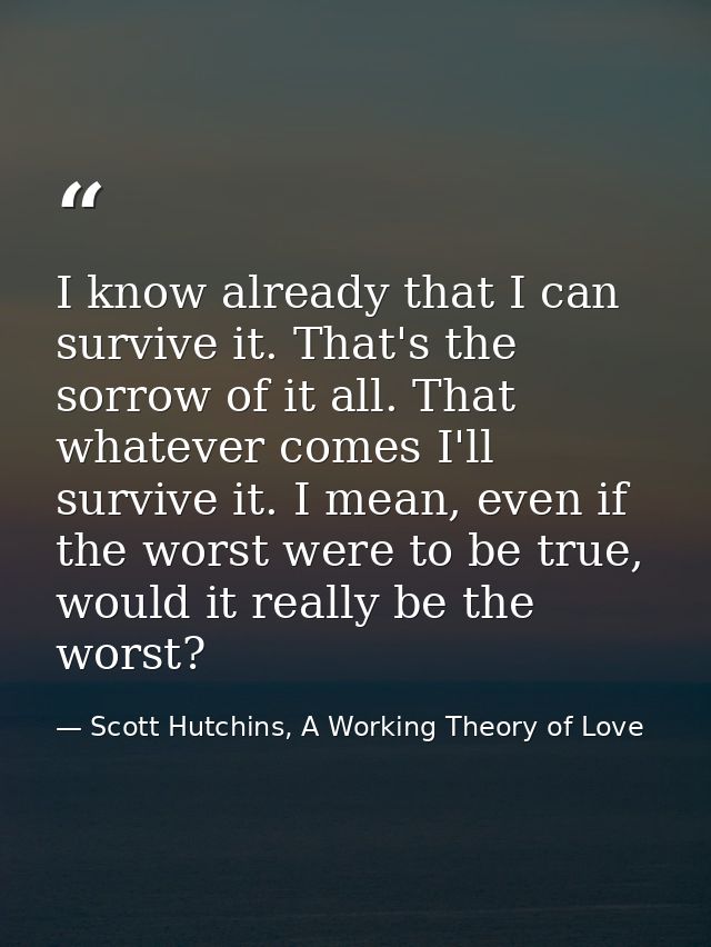 I know already that I can survive it. That's the sorrow of it all. That whatever comes I'll survive it. I mean, even if  — Scott Hutchins, A Working Theory of Love
