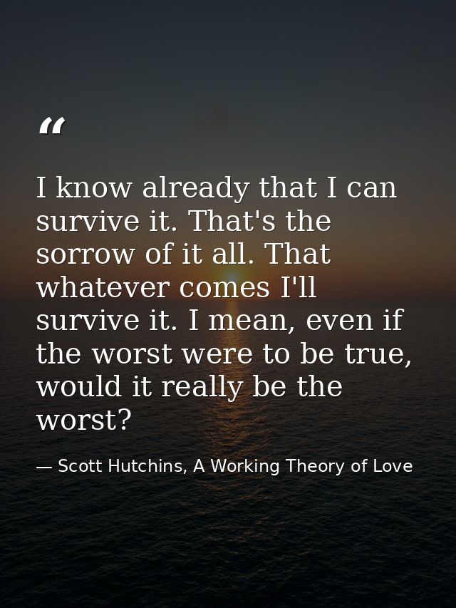 I know already that I can survive it. That's the sorrow of it all. That whatever comes I'll survive it. I mean, even if  — Scott Hutchins, A Working Theory of Love