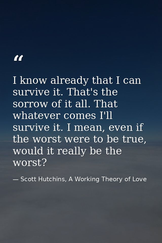I know already that I can survive it. That's the sorrow of it all. That whatever comes I'll survive it. I mean, even if  — Scott Hutchins, A Working Theory of Love